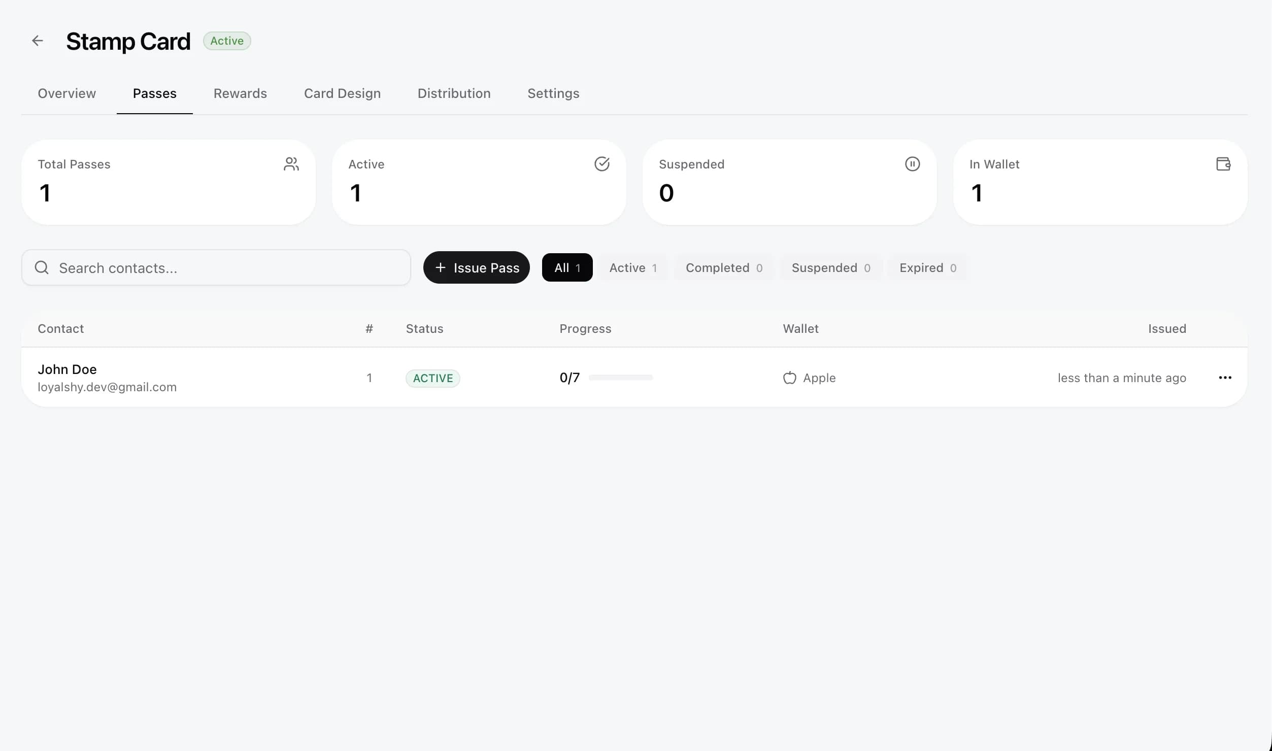 Pass instances list with status filters and search