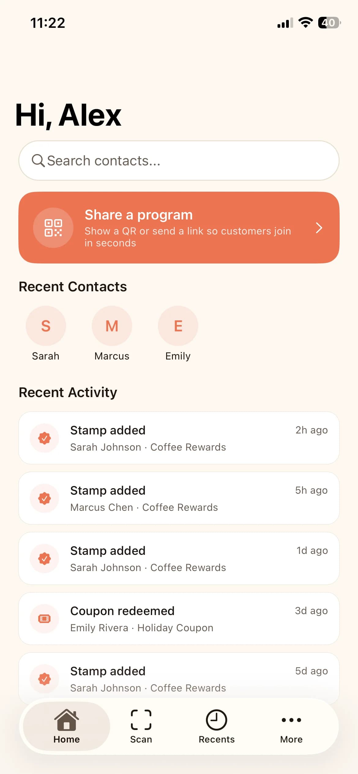 Staff home with contacts and activity